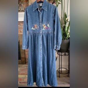 Vintage 90s Disney Winnie the Pooh 100% Cotton Denim/Jean Full Length Dress Sz M